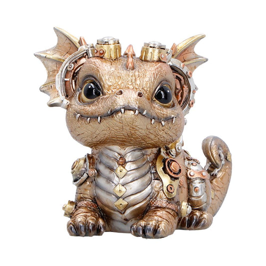 Gearling Gold Steampunk Dragon Figurine - front with gold-toned scales and silver-coloured belly