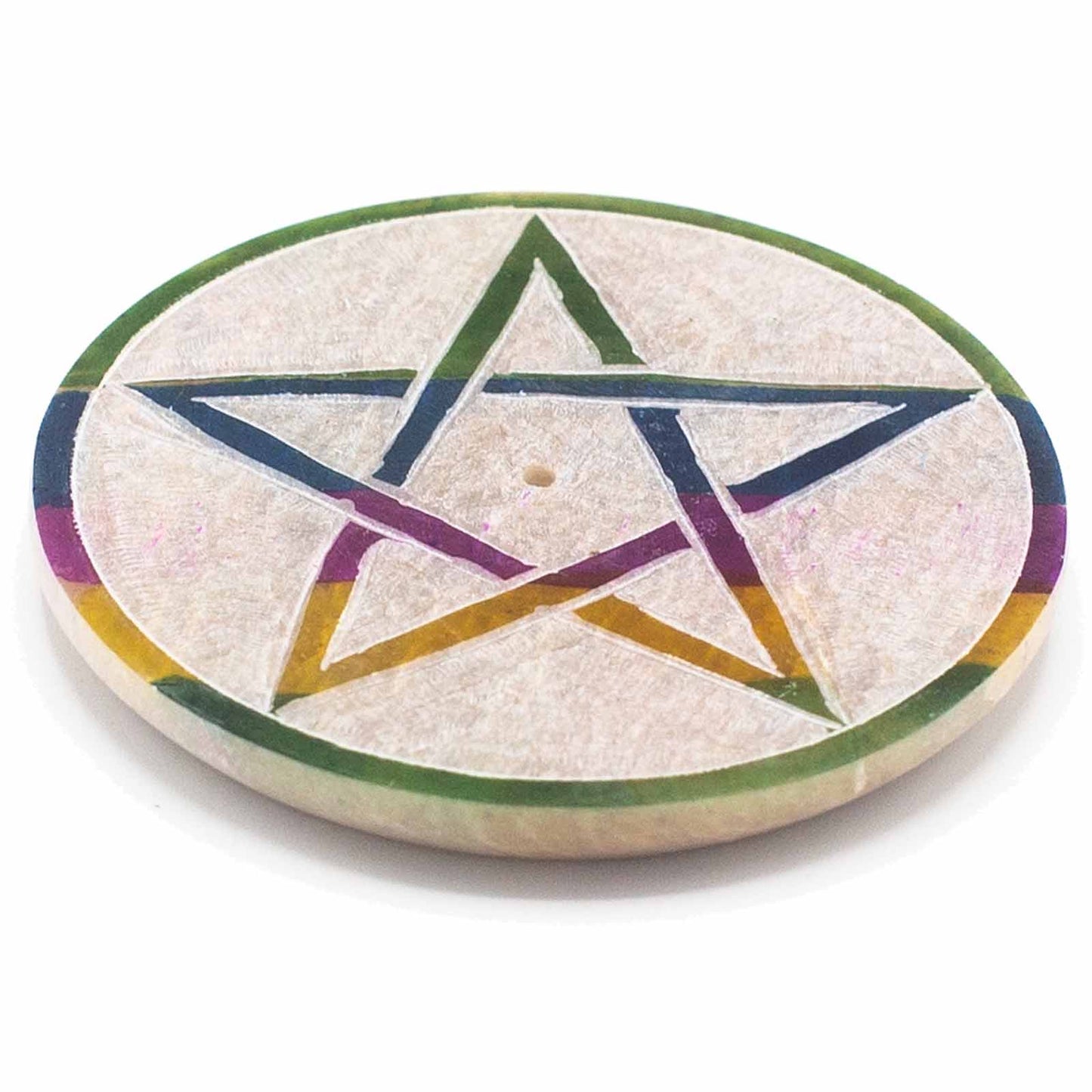 A round stone disc features a colorful pentagram design engraved into its surface, surrounded by a multicolored border. It rests on a plain white background.