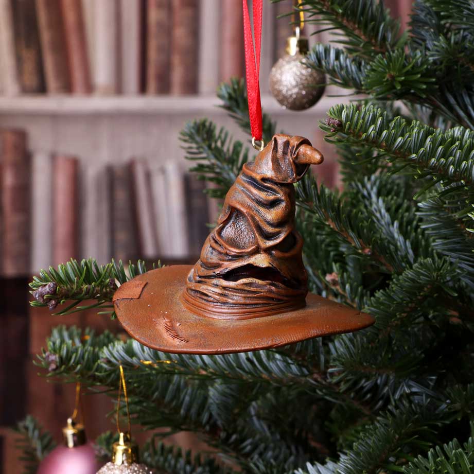 Brown wrinkled wizard hat ornament hangs from a red ribbon on a fir branch among gold and pink baubles with blurred bookshelves in the background