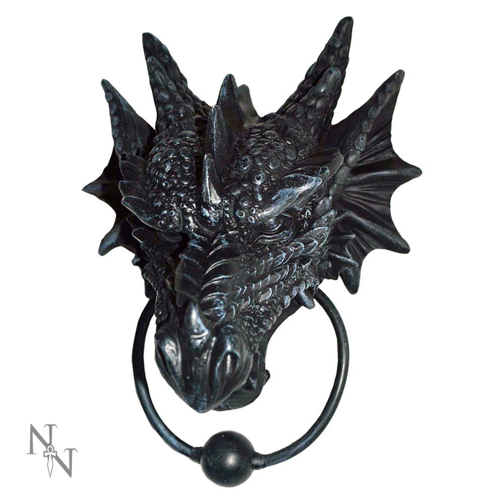 A dragon's head door knocker, appearing to be made of dark metal, hangs on a white background.