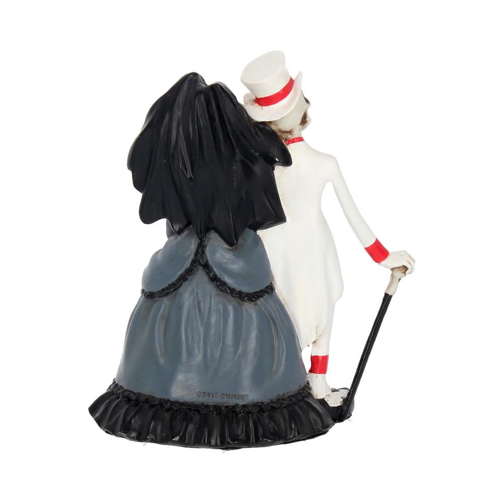 A figurine of two figures standing together, one in a top hat with a cane, the other in a black cape. They appear close, with no specific environment visible.