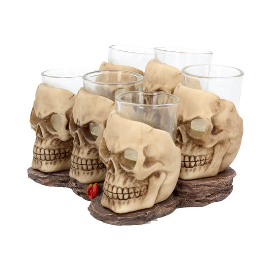 Six clear shot glasses are each partially enclosed by detailed skull sculptures, resting on a textured base resembling wood. The arrangement creates a visually striking, somewhat eerie display.