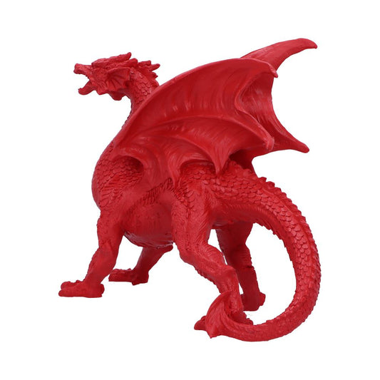 A red dragon figurine stands, its wings spread, against a white background.