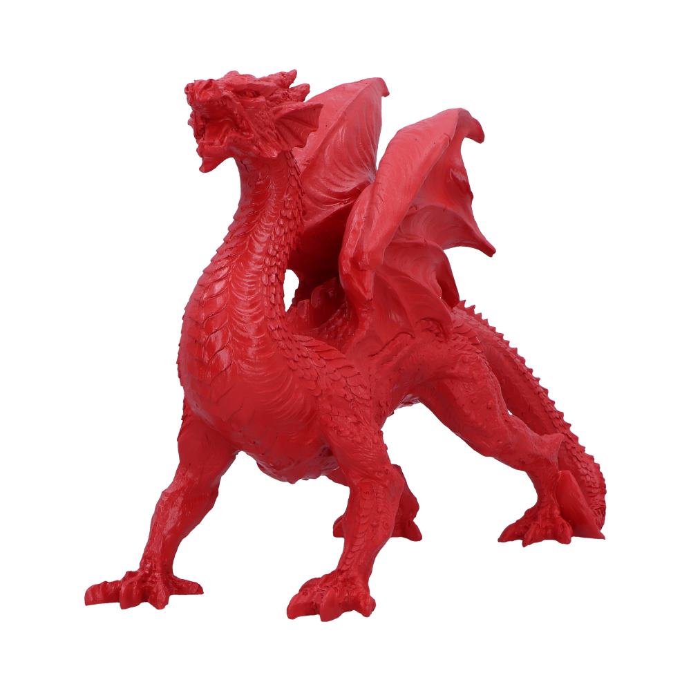 A red dragon figurine stands alert against a white background.