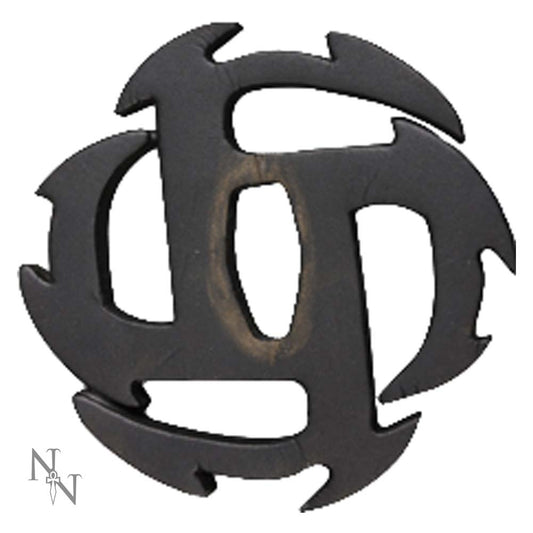A black, intricately designed guard with curved protrusions, likely a Japanese sword tsuba, set against a plain white background. In the bottom corner, the text reads "N N".