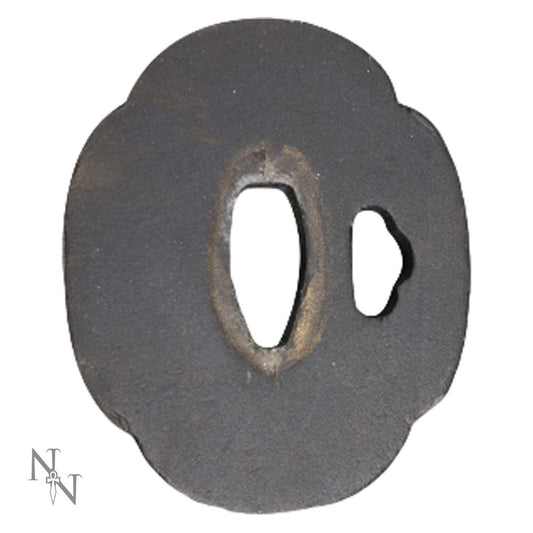 Dark metal sword guard with an oval shape and two openings, displayed against a plain white background.