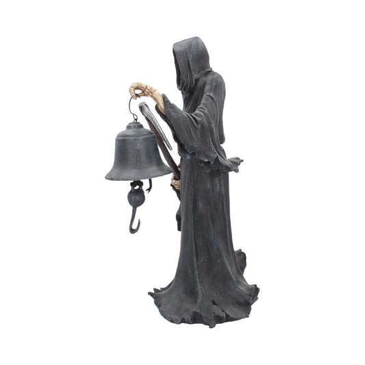 A hooded skeleton holds a large bell with a hook, wearing a tattered cloak. The figure stands alone on a plain white background, creating an eerie, mysterious atmosphere.