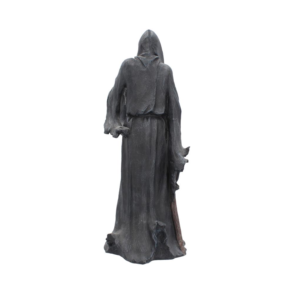A statue of a hooded figure, wearing a long cloak, stands holding a staff. The figure's back is turned, set against a plain white background.