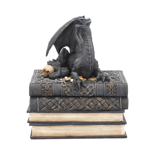 A dark dragon figurine sits atop intricately designed books, surrounded by small objects including a skull and coins. The scene conveys a mystical, gothic atmosphere.