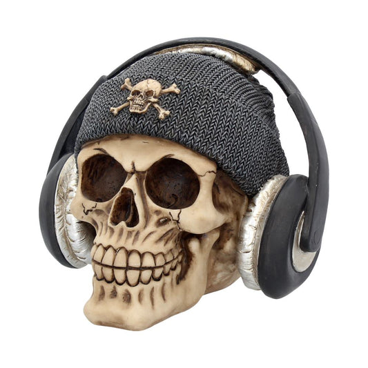 A detailed skull wears a gray beanie with a skull and crossbones emblem and large headphones, set against a plain white background.