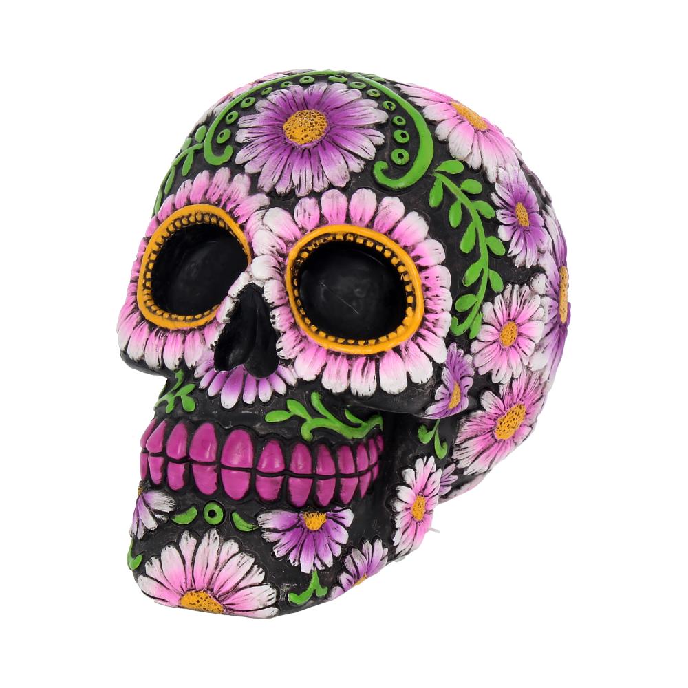 A skull is decorated with vibrant pink and white flowers and green vines, featuring intricate patterns and colorful details against a black background, symbolizing a festive and artistic theme.