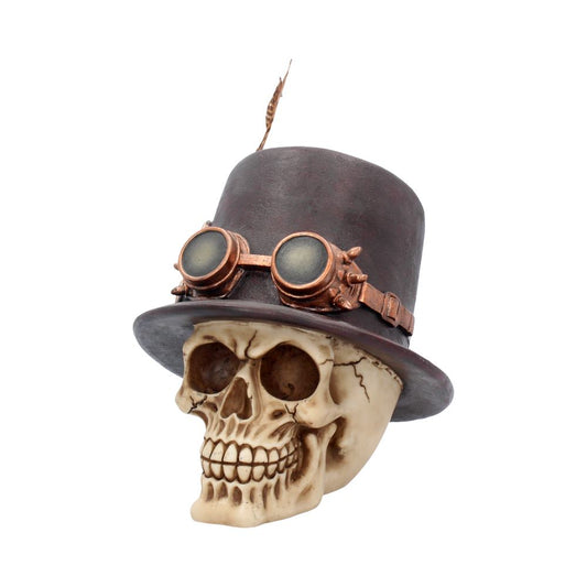 A human skull wears a black top hat adorned with vintage goggles, set against a plain white background.
