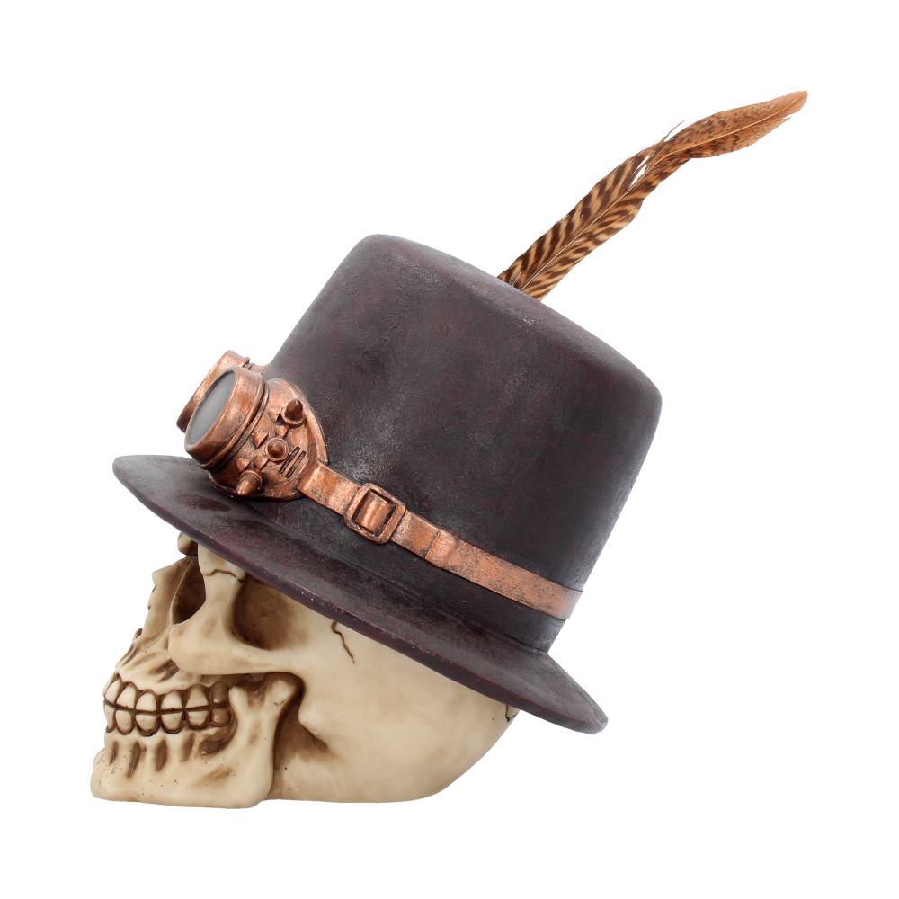 A detailed skull wears a dark top hat adorned with steampunk goggles and a brown feather, set against a plain white background, creating a vintage, gothic aesthetic.