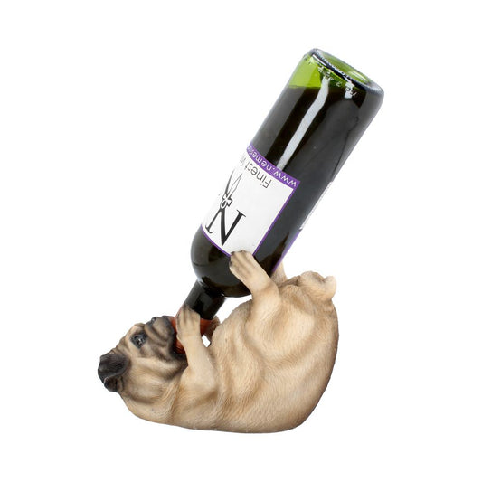 A pug-shaped wine bottle holder grips an upturned bottle labeled "Finest Vineyards www.rarepug.com," set against a white background.