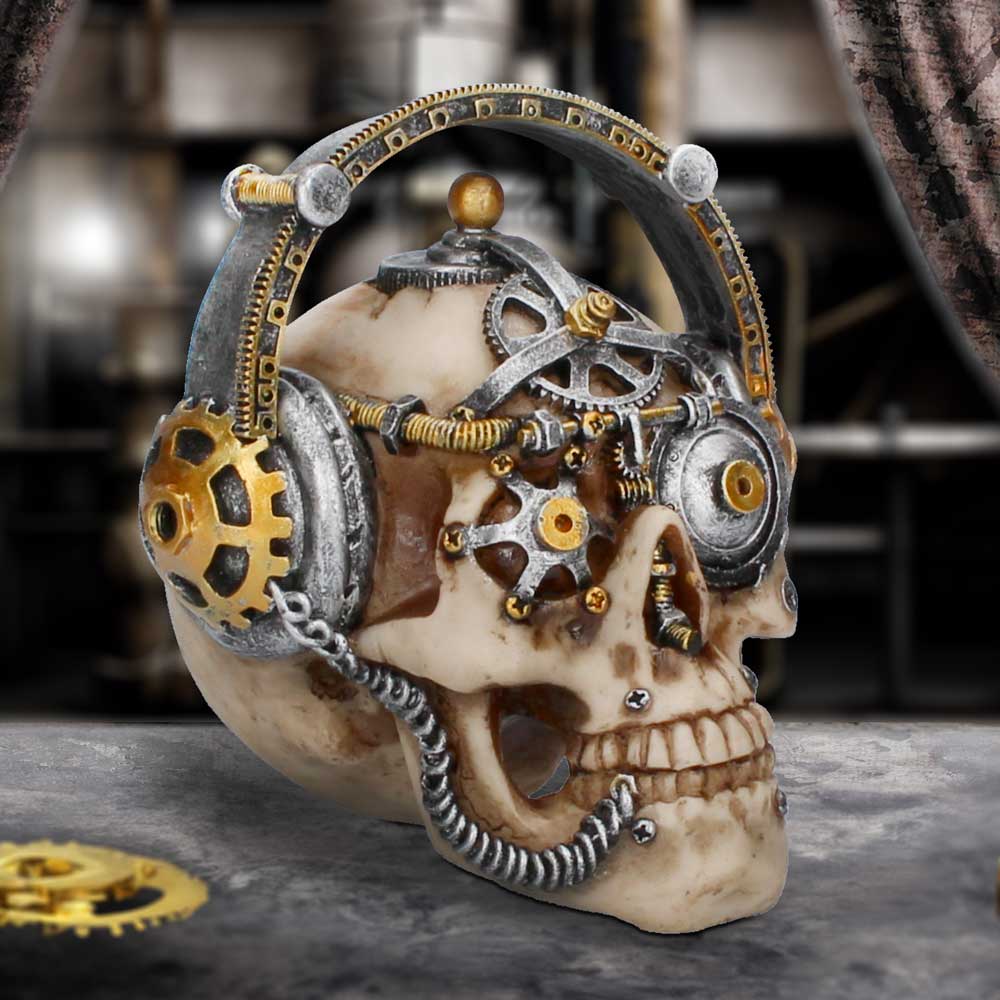 A skull adorned with intricate steampunk gears and metallic elements rests on a textured surface, set against a blurred industrial backdrop.