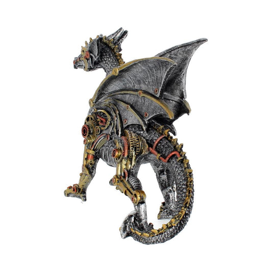 A steampunk-style dragon figurine with intricate gear and metallic designs, standing upright with wings spread. The dragon is set against a white background.