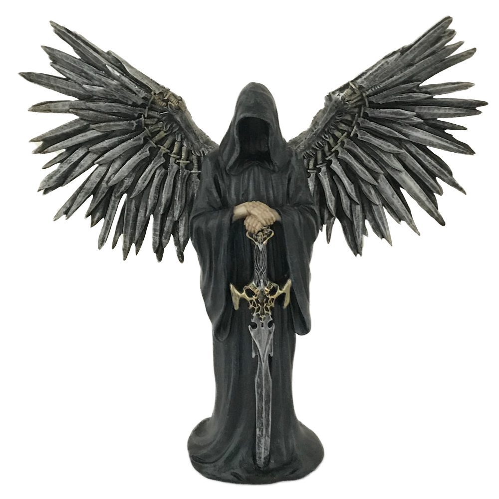 A hooded figure with large, detailed wings holds a sword, standing in a solemn pose. The background is plain, emphasizing the dark, mysterious appearance of the figure.