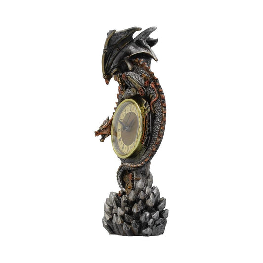 A steampunk dragon statue perches on a quartz crystal base, its tail coiled, a clock at its chest. The clock face shows Roman numerals, and it reads “QUARTZ” at the bottom.