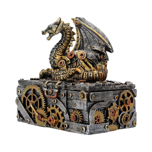A steampunk-style dragon, intricately detailed with gears and cogs, rests atop a mechanical box adorned with more gears, giving a metallic and fantastical appearance.