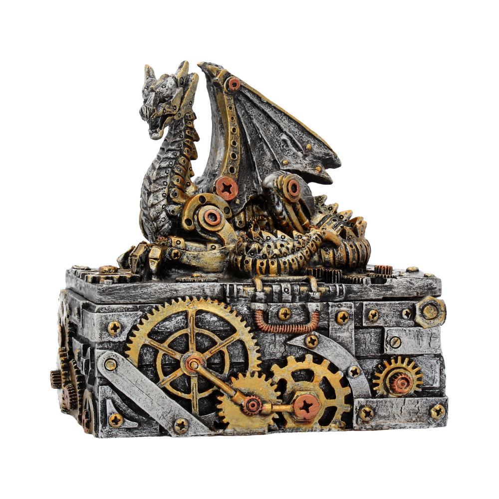 A metallic dragon with gears and rivets rests atop a mechanical box, adorned with intricate gears and industrial elements, creating a steampunk-themed sculpture.