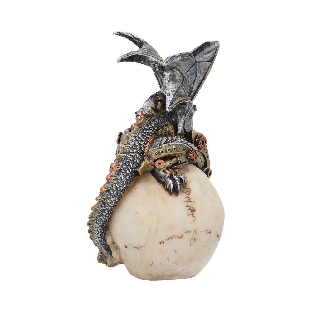 A metallic, steampunk dragon clutches a large, textured sphere. The dragon features intricate gears and scales, resting its wings on the sphere. The background is plain white.