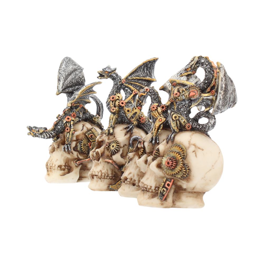 Steampunk dragons perched on mechanical skulls, featuring intricate gears and cogs. The setting is plain, focusing on the detailed design of the metallic creatures and skull structures.