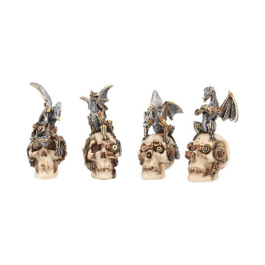 Four ornate skull figurines feature small dragons perched atop. Each skull is embellished with intricate metallic gears and decorations, set against a plain white background.