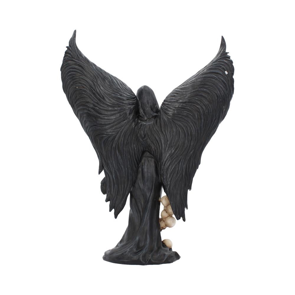A dark, hooded figure with large, detailed wings stands on a smooth base, surrounded by small skulls. The figure appears solemn in a minimalistic white background setting.