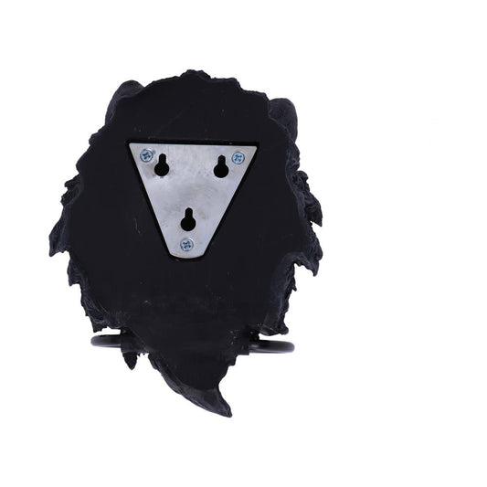 Decorative black resin plaque displays a triangular metal mounting plate with three keyhole slots while two round hooks protrude from its lower edge against a white background.