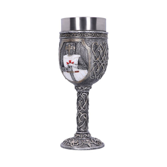 A pewter wine goblet features a crusader knight with a sword on its ornately Celtic-designed body with a silver-tone metal insert at the top, shown against a white background.