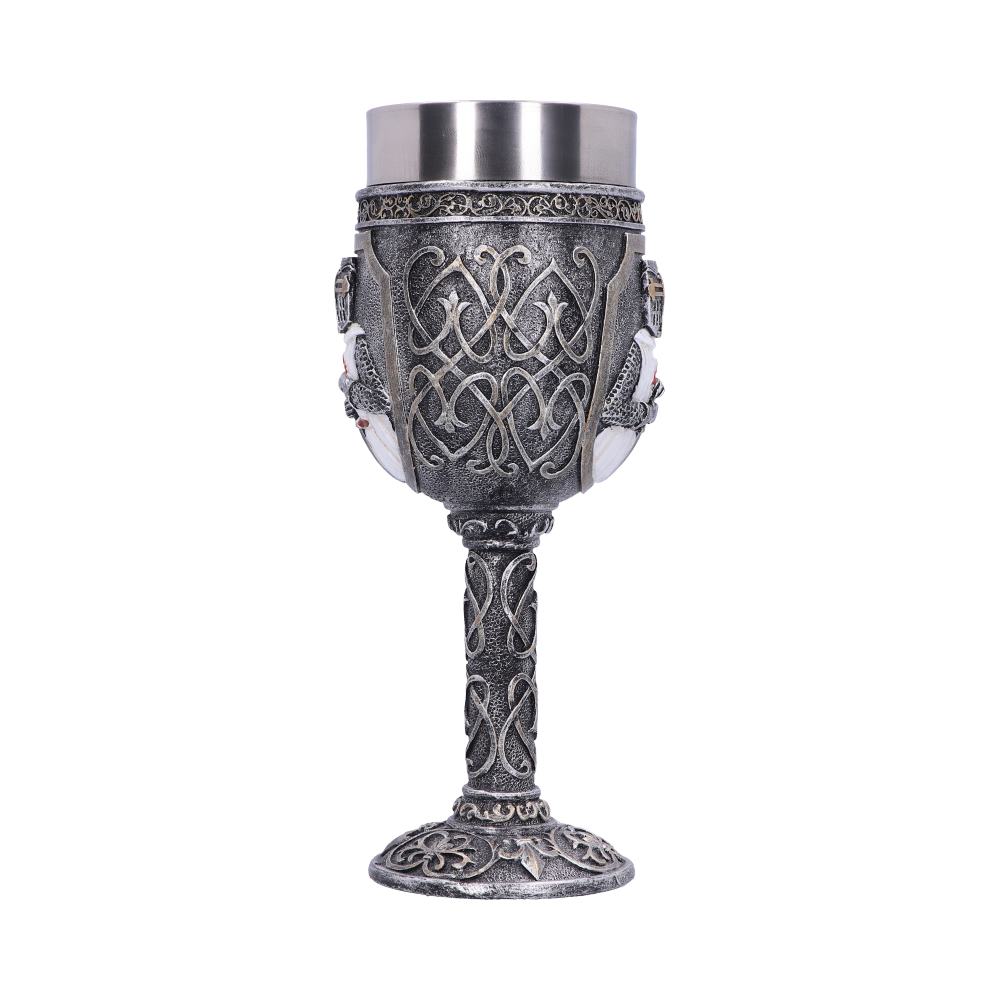 An ornate, pewter-colored goblet sits upright against a plain white backdrop. It features a silver interior and interwoven designs on the body and stem, with winged figures on the cup's side.