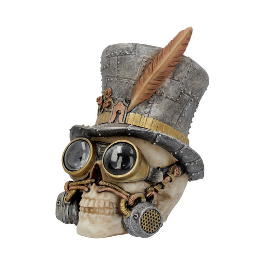 A skull adorned with a steampunk-style top hat featuring goggles and a feather. The skull has gears and mechanical elements, suggesting a vintage, industrial theme.