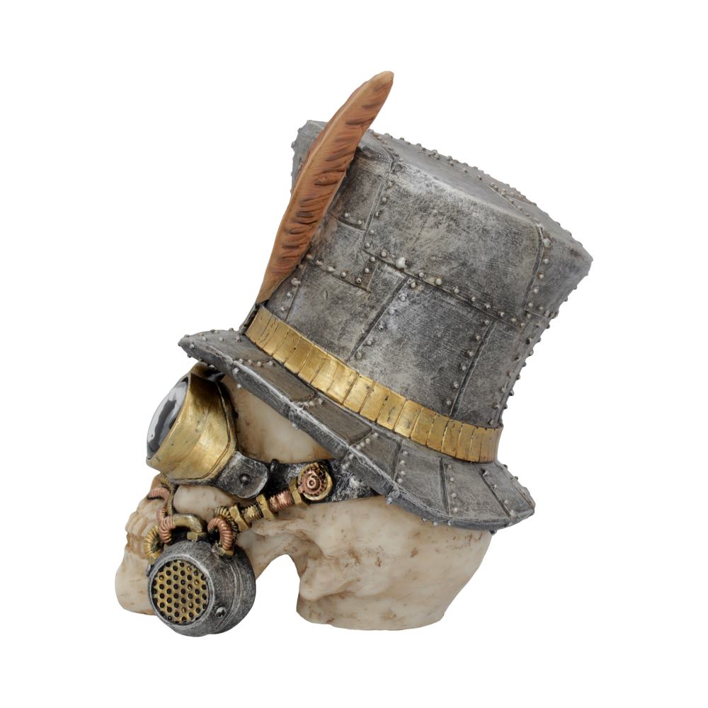 A skull wears a metallic steampunk top hat with rivets, a feather, and goggles. The skull appears adorned with cogs in a vintage engineering style.