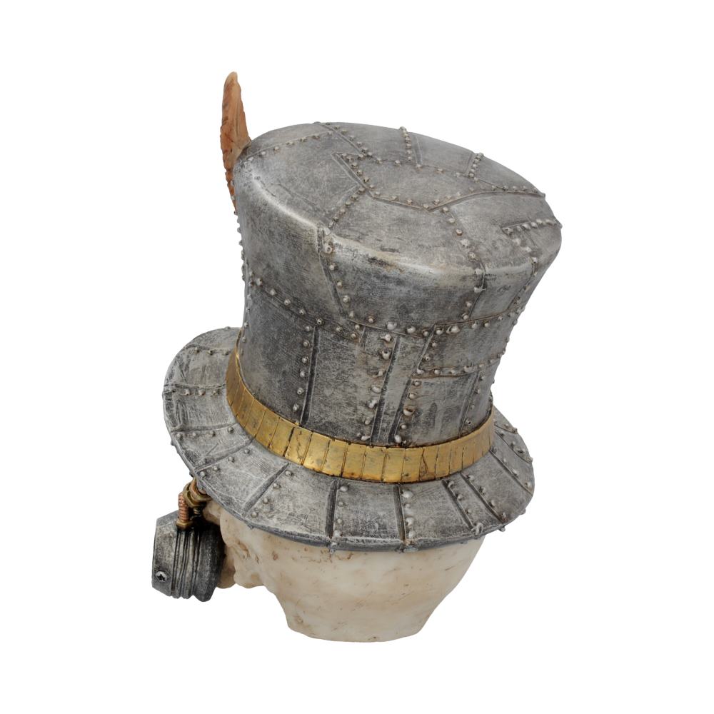 Industrial-style top hat crafted from metal, featuring rivets and a brass band, rests on a mold of a white human skull, with gears and a feather adding steampunk flair.