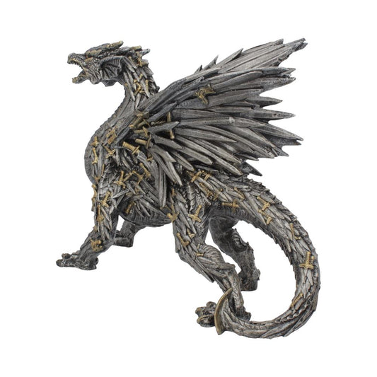 A fantasy dragon sculpture is roaring, crafted from interlocking swords and blades forming its scales and wings. It stands amidst a neutral white background, emphasizing its detailed metallic design.
