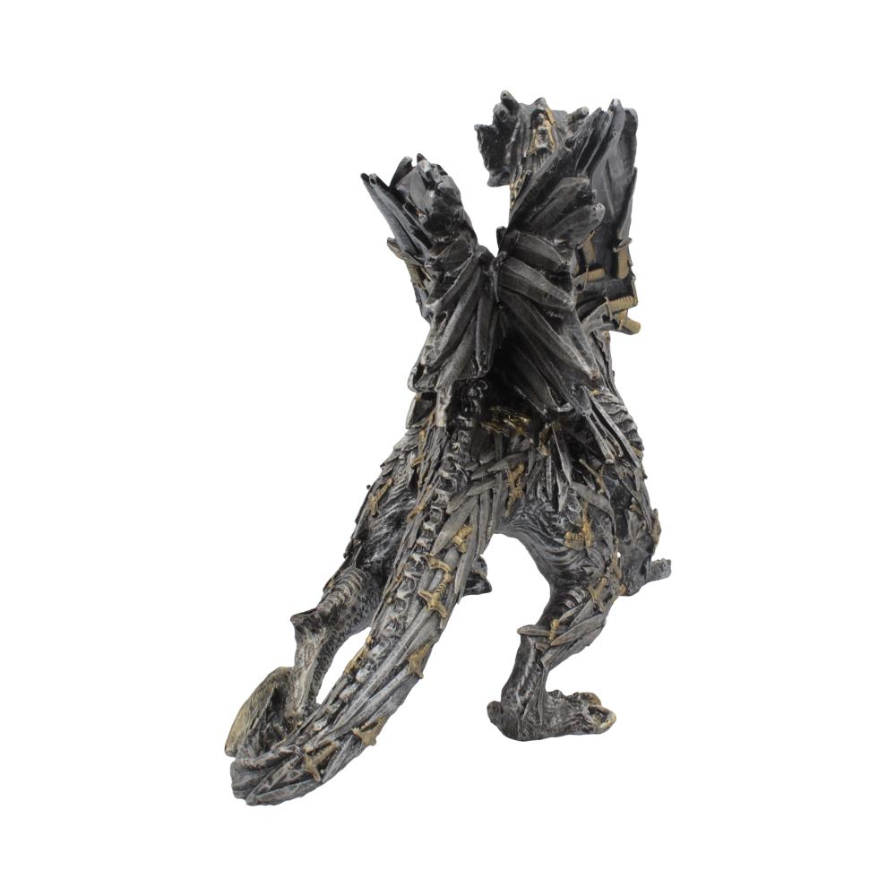 A detailed dragon sculpture with textured scales and wings is poised as if roaring, set against a plain white background, emphasizing its intricate design and fierce stance.