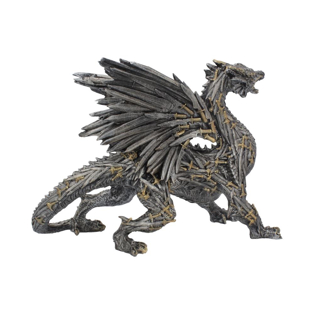 A dragon statue, intricately detailed with overlapping scales and spikes, stands poised with wings spread, against a plain white background.