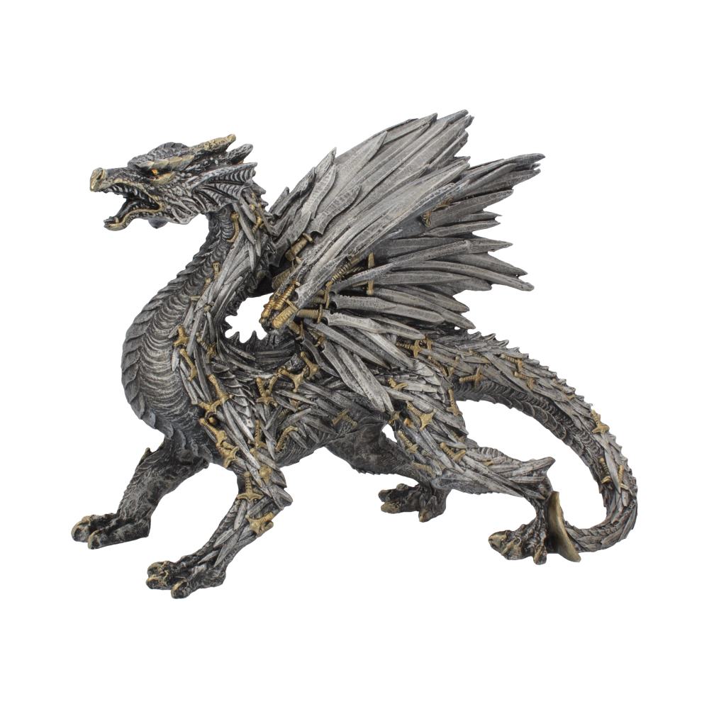 A dragon figurine made of interlocking swords stands fiercely with wings extended, displaying intricate details and metallic textures, set against a plain white background.