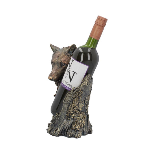A wolf-themed wine holder cradles a wine bottle labeled "Best Wine," against the backdrop of a textured, wood-like base, creating a rustic display setting.