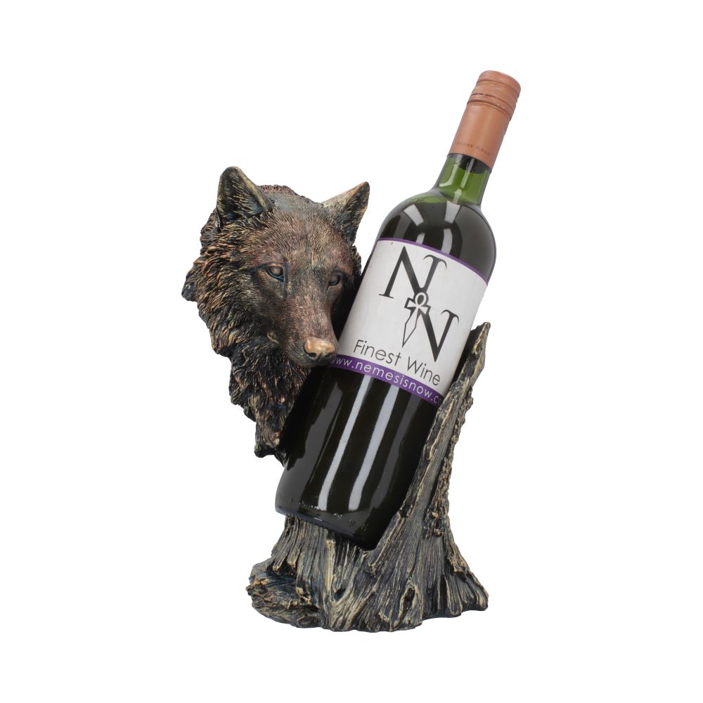 A wolf-head wine holder supports a bottle labeled "N&N Finest Wine" with a website "www.nemesisnow.com" in front of a white background.
