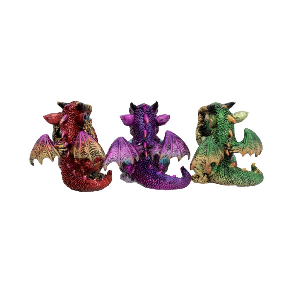 Three colorful dragon figurines sit side by side, each with distinct wings and textures. The red, purple, and green dragons have intricate scales, displayed against a plain white background.