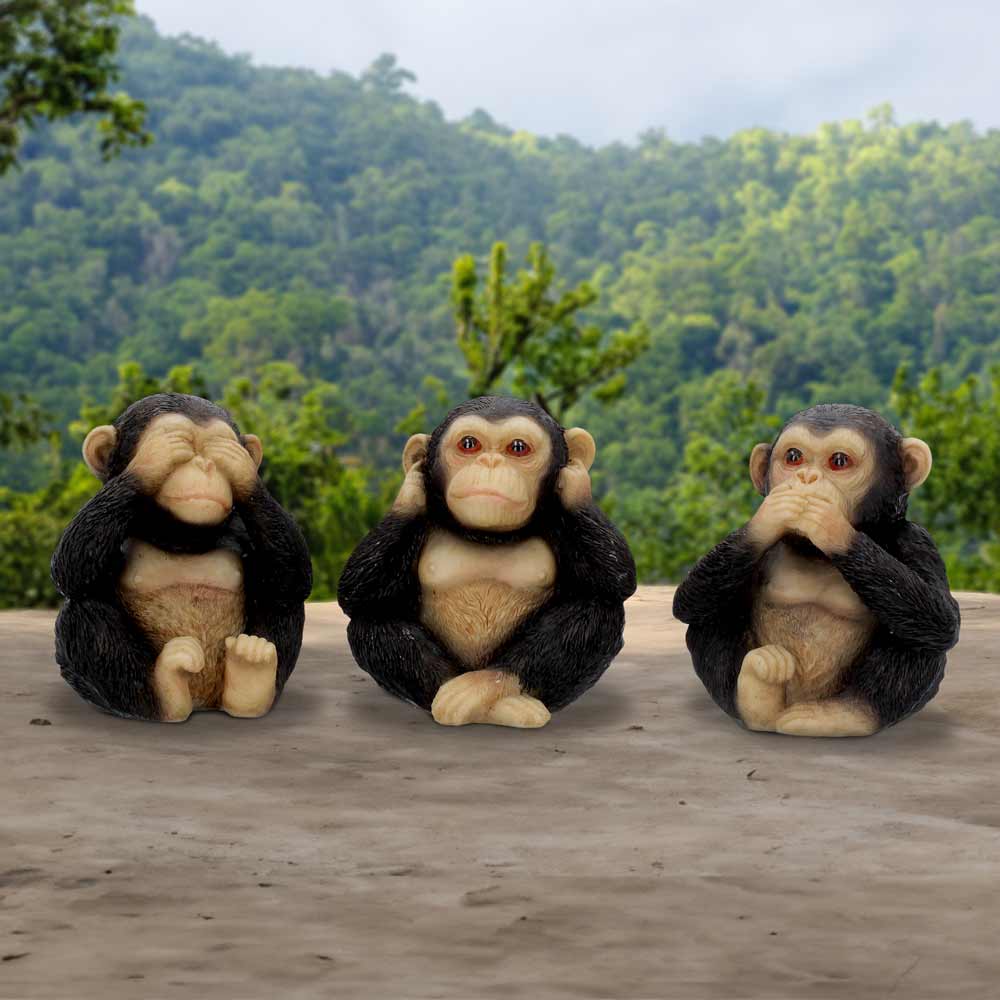 Three Wise Chimps Figurines – hand-painted resin chimp trio in see no evil, hear no evil, speak no evil poses
