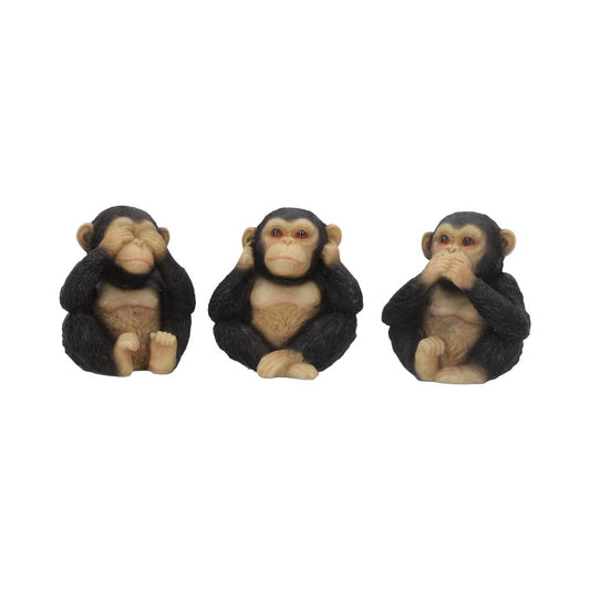 Three small chimpanzee figurines sit side by side, left covering its eyes, center covering its ears, right covering its mouth, placed on a plain white background.