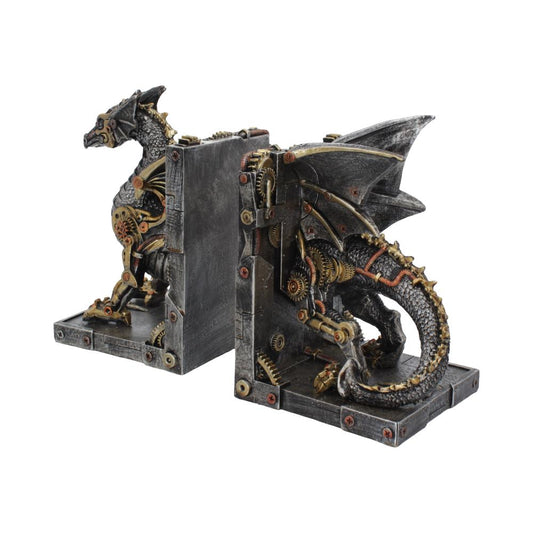 Intricate bookends resemble mechanical dragons adorned with gears and bronze accents, positioned on a plain white background. The dragons appear static, with their wings folded against their bodies.