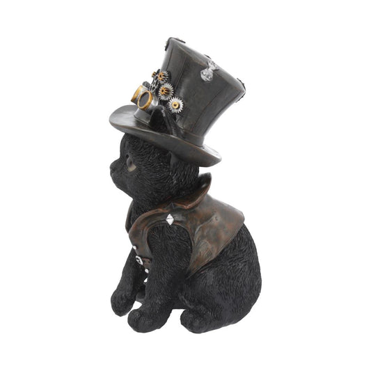 A black bear figurine sits upright, wearing a steampunk-style top hat with gears and goggles, and a brown vest. The background is plain white.