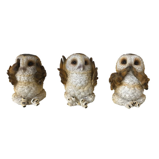 Three Wise Brown Owls Figurines – brown resin owls set, hand-painted “see no evil hear no evil speak no evil”, UK décor