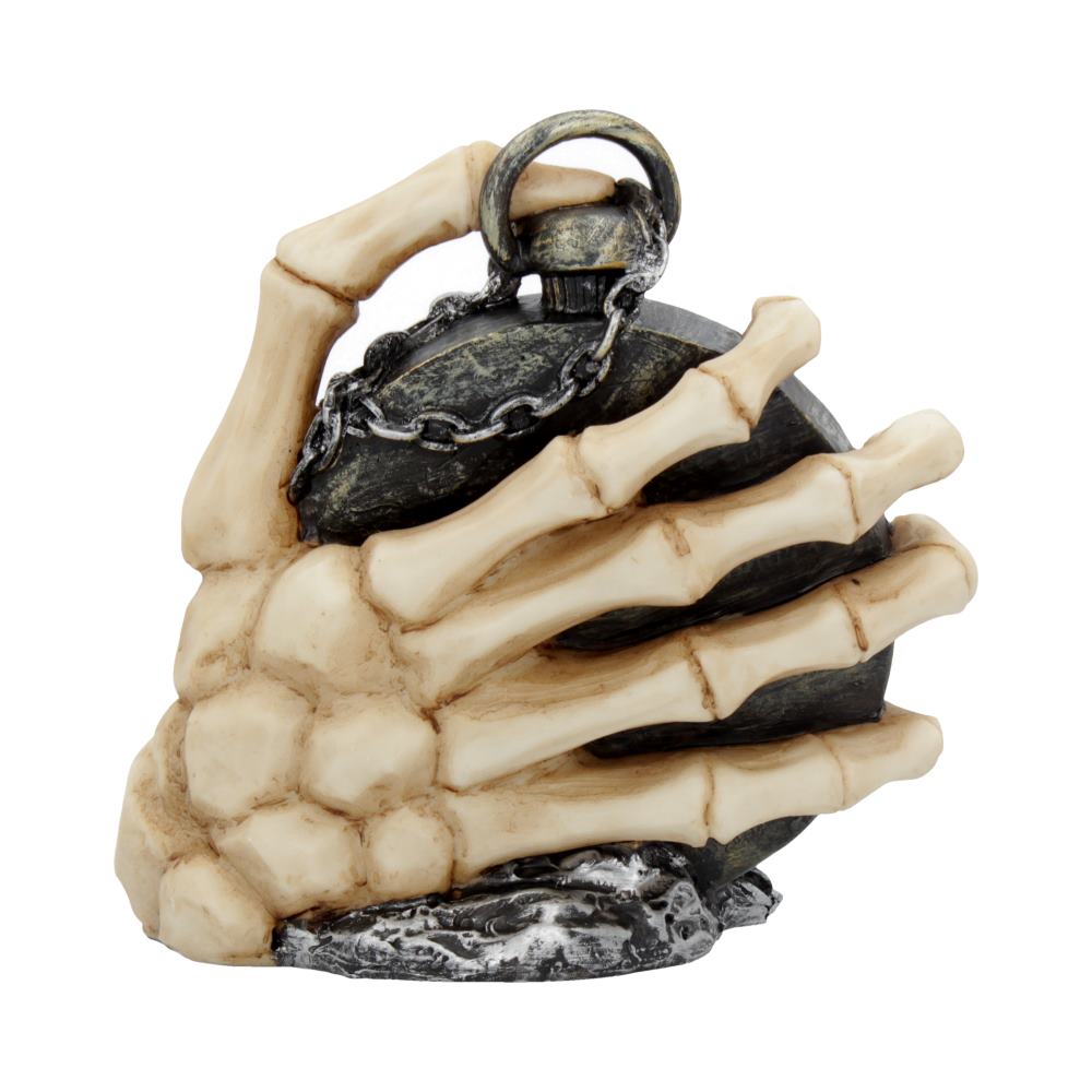 A skeletal hand holds a round, dark flask with a metal chain and clasp.  The hand and flask rest on a sculpted base, suggesting a graveyard setting.