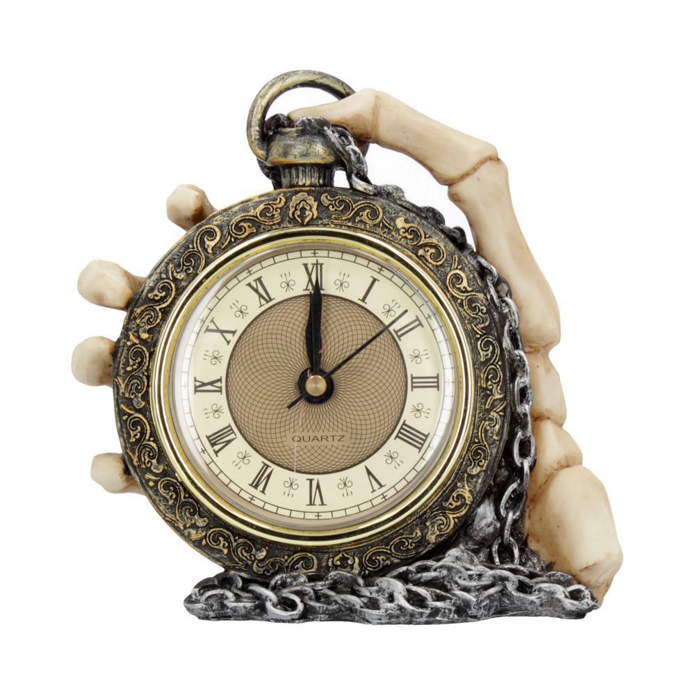 A skeleton hand holds an antique-styled pocket watch; its face shows the time, displaying Roman numerals.  The watch rests on a base of sculpted bone and chain. QUARTZ is inscribed on the watch face.
