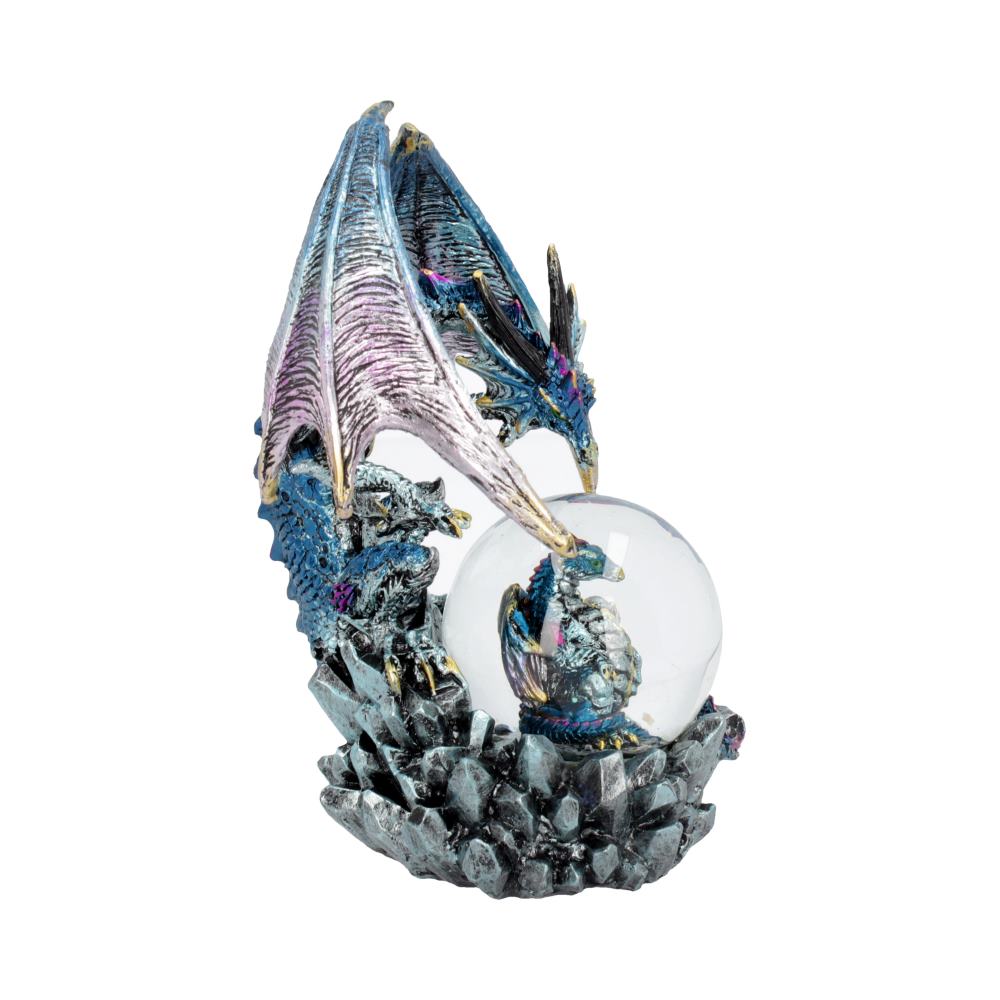 A blue dragon figurine, perched on a rocky base, gazes into a glass sphere containing a smaller dragon.