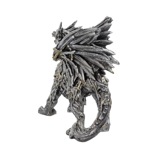 A spiky, metallic-looking dragon figurine stands facing left, showcasing intricate, sharp details and textured scales, set against a plain white background.